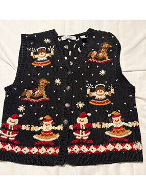 Vintage Valerie Stevens Christmas Sweater Vest Womens M Santa Embroidered Knit